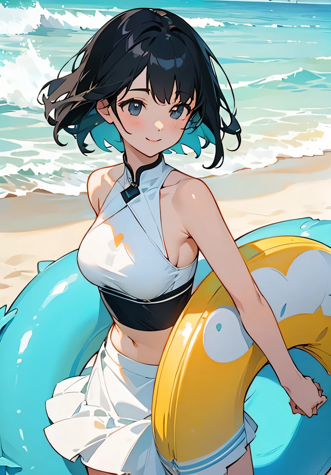 {best quality},Ocean、black hair short cut、woman、beautiful breasts、white-Skirt-style-bikini、innertube、radiant smile、Low angle 、cowboy shot