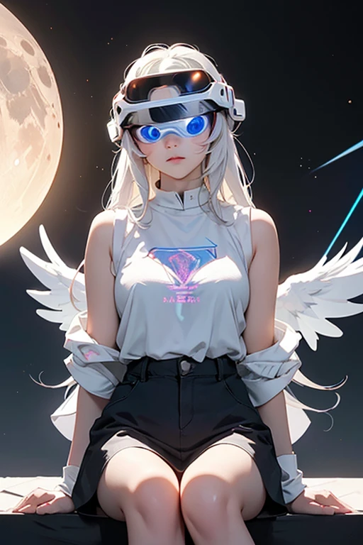 s girl,White hair,Red glowing eyes, sportrait, photorealestic,(Red and white trench coat),Red scarf,a black pleated skirt,black t-shirts,longer sleeves,(With a hood)Red and white headphones,((Multiple pairs of angel wings)),side-lighting, the wallpaper, NSFW, Depicting female characters from ethereal anime in a high-quality anime art style,(((Hold spears in both hands))),8K,Red and white shoes with a sense of technology,closeup cleavage