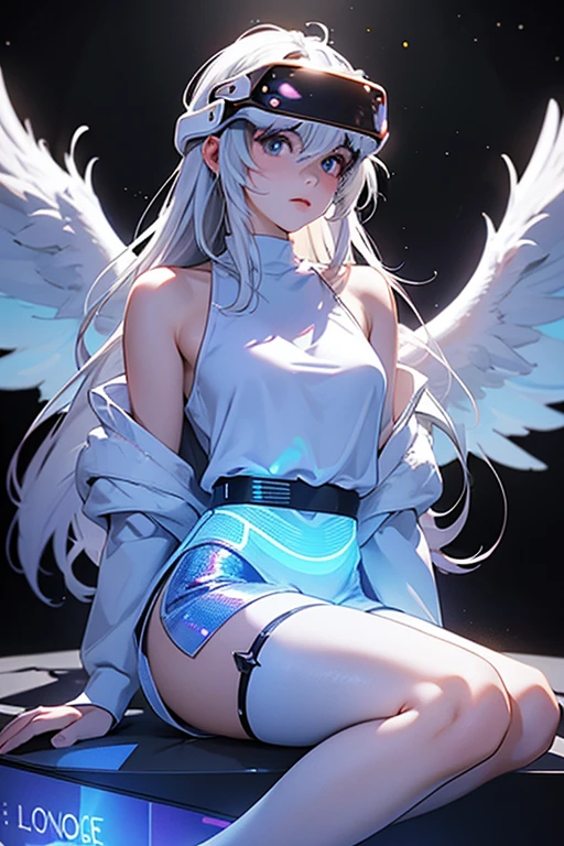 Neon Street,one female,Long white hair,Red pupils,angelic halo,Angel wings,Broken hood,shorter pants,spread their legs