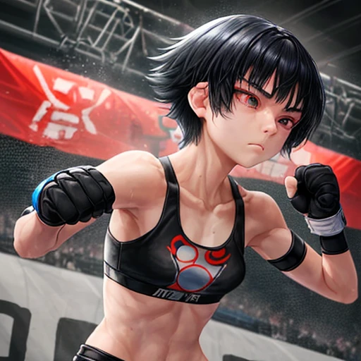 A beautiful female mixed martial artist。No expression。No matter how many times I fall, I'll get up、Take a fighting stance。He's been hurt in the Octagon。round face。drooping eyes。immature body。small breasts。slender body。black hair short cut。sports bra。open finger gloves。