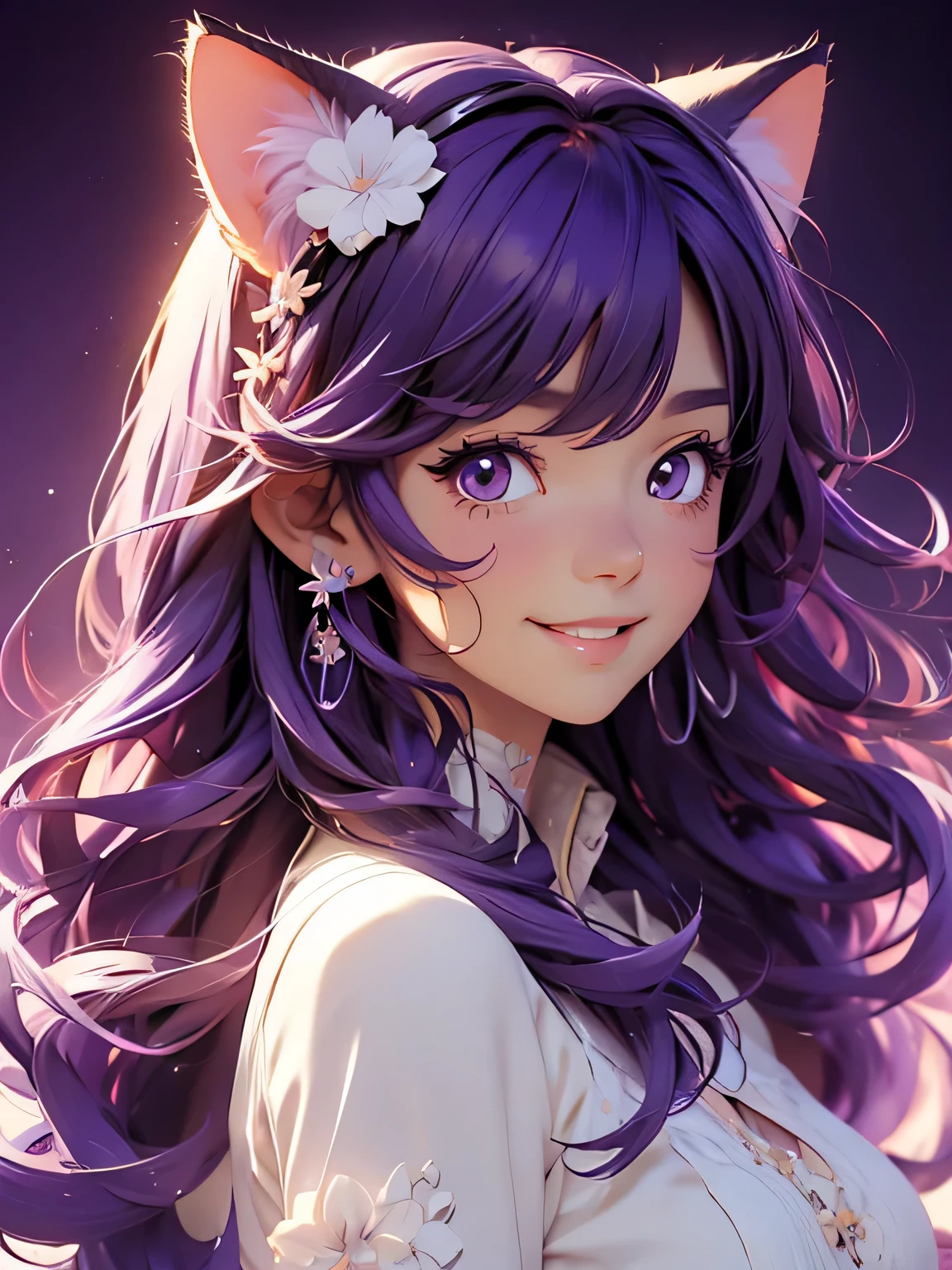 Girl with cat ears happy, cute-fine-face, anime. illustration, realistic shaded perfect face, bright smile, fine details ,purple hair