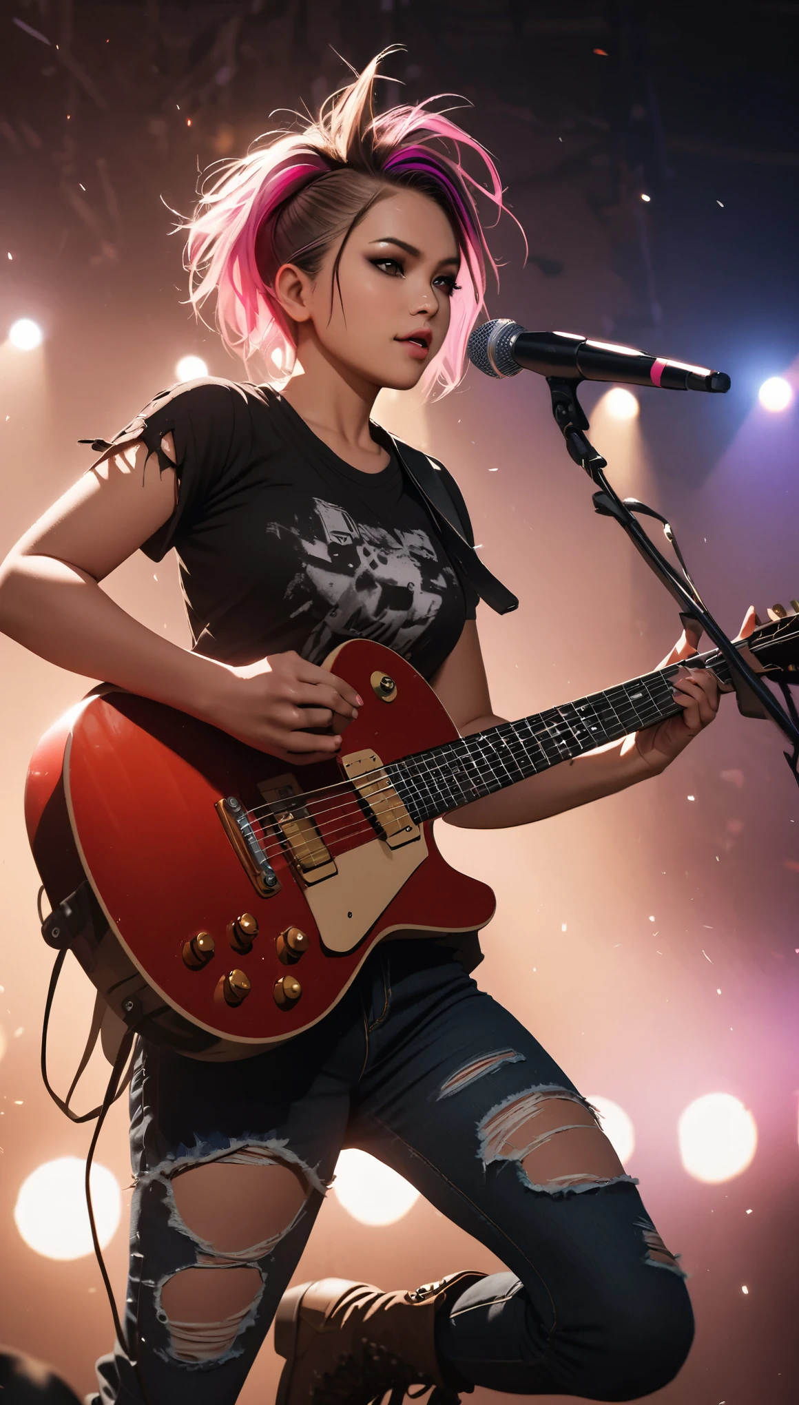 realistic, photo, masterpiece, 8k, young woman, guitarist on stage, wearing torn t-shirt with torn off sleeves, ripped jeans, boots, electric guitar, colorful hair, hair cut in a Mohawk style, dark makeup, crazy jump on stage while playing guitar, crazy punk  rock, shallow depth of field, bokeh, film grain, stage lighting in different colors, immersive rock performance music scene background