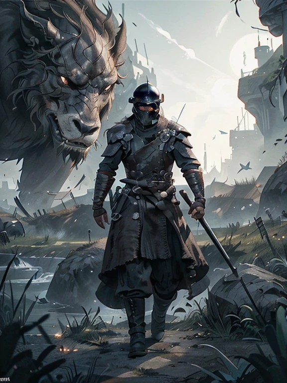  Cartoon style pictures ，(Europe)，man,midnight，Overall black tone， Characters take up one fifth，Create dystopian masterpieces, Game of Thrones movie scenes, The whole character is dressed in Game of Thrones style, Rugged full body metal armor， looking down camera，The background is the medieval manor farmland，river，torch，horse，farmeeld，farming，(helmet，Face covering，In the shadows，Faceless，健壮的man, strong, shabby),dynamic poses， ((Turn your back to the camera，look into the distance，not looking at camera)), Holding prey in hand，Photos taken from a distance, 