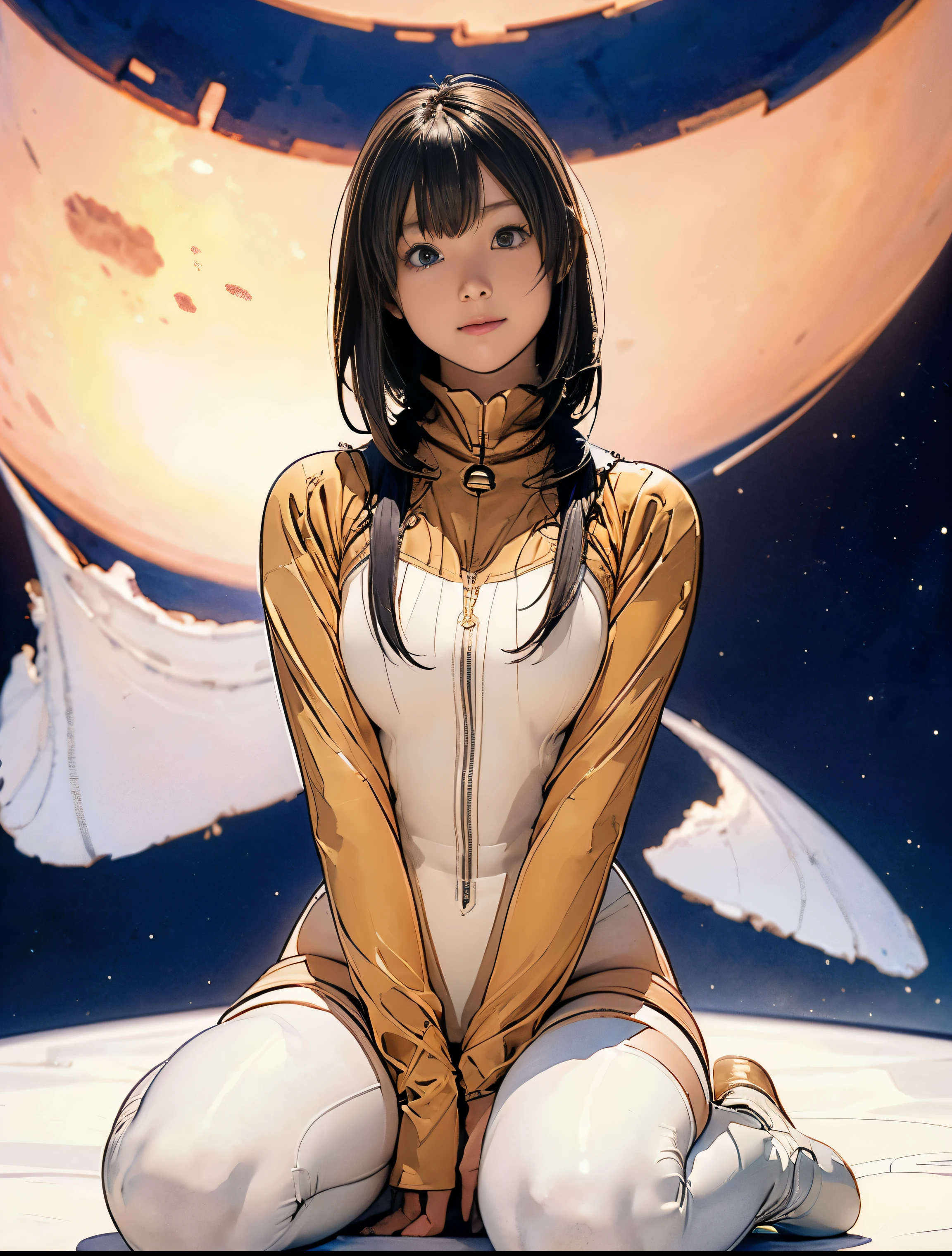 (masterpiece、best quality、Highest resolution、Clear_image、detailed details): (full body pictures、15 year old girl、Japanese face、Small face、thin、Navy super short bob、blue eyes、Blue and Black Shiny Aviator Suit、Armor that protects the chest、tight clothes、Clothes that cover the whole body、leggings、Very delicate and beautiful、hide thighs、hide your ass、Cute type、gentle smile、soft expression、earphone、knee high boots、Glove length reaches elbow、Shoot at eye level、Directly face、woman on spaceship), (((camel toe))), ((Plain white leggings))