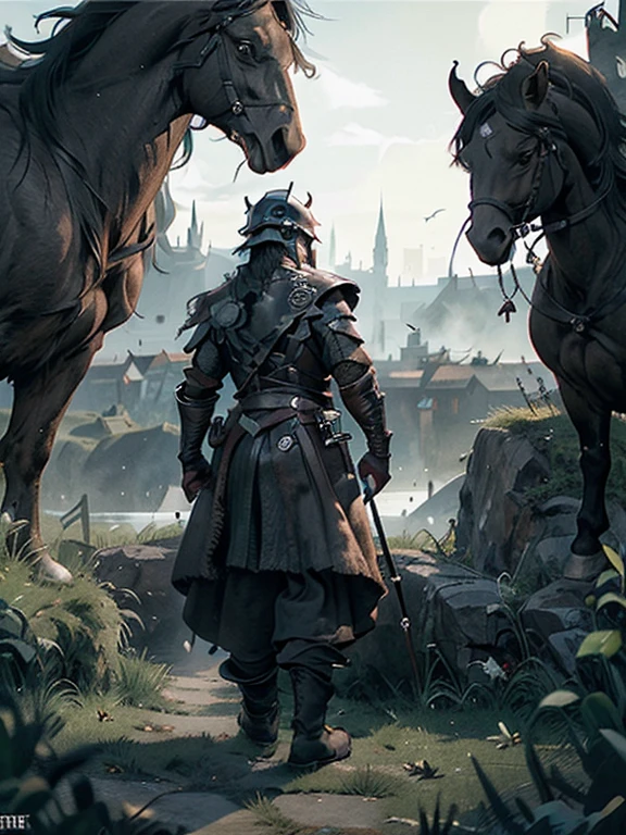 Cartoon style pictures ,(Europe),man,midnight,Overall black tone, Characters take up one fifth,Create dystopian masterpieces, Game of Thrones movie scenes, The whole character is dressed in Game of Thrones style, Rugged full body metal armor, The background is the medieval manor farmland,river,torch,horse,monster,A group of farmers,field,farming,(helmet,Face covering,In the shadows,Faceless,健壮的man, strong, shabby),dynamic poses, ((Turn your back to the camera,look into the distance,not looking at camera)), Holding prey in hand,Photos taken from a distance,