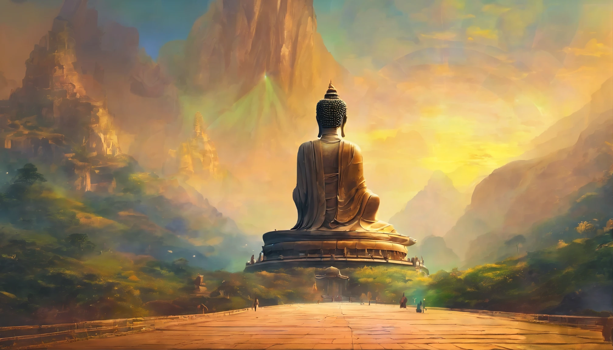 Big Buddha statue in the distance, Stone, texture, High, majestic, background illuminated by sunlight,inverted image,side,pilgrims on the road
