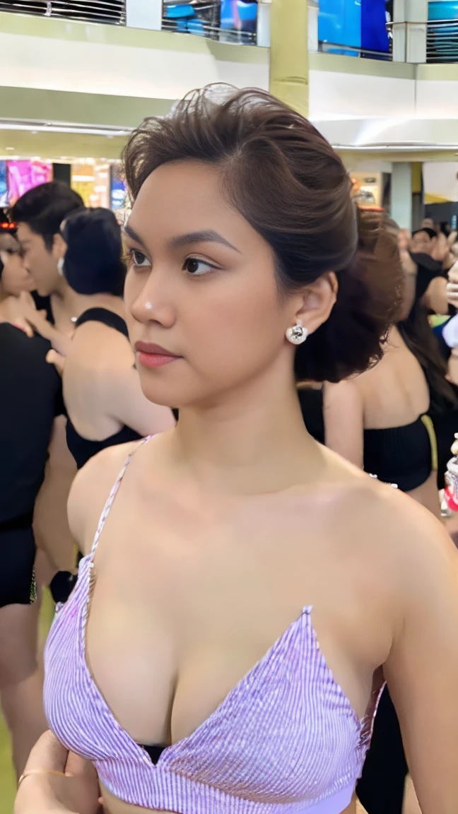 From below, full body shot of a gorgeous Indonesian woman black messy hair, age 18, nice hair style, she's a men magazine model, She has a subtle seductive and smirk with the camera, (she’s in the mall and crowd of people ), (she’s wears a blouse, cleavage), perfect eyes, perfect hands, perfect body, ((perfect hair)), perfect breast, grabbing breasts, hair behind ear, UHD, retina, masterpiece, accurate, anatomically correct, textured skin, super detail, high details, high quality, award winning, best quality, highres, 16k, 8k, cinematic lighting