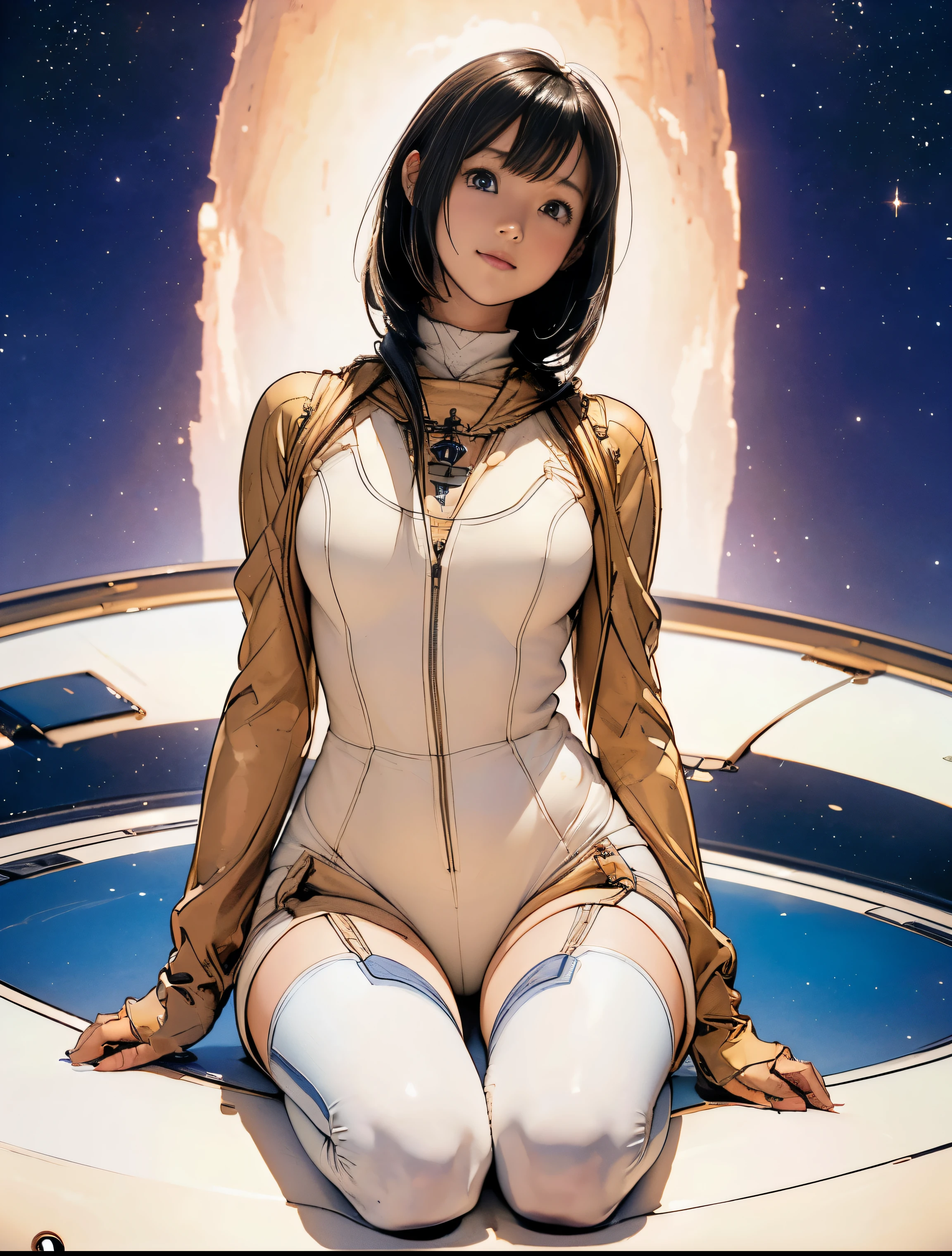 (masterpiece、best quality、Highest resolution、Clear_image、detailed details): (full body pictures、15 year old girl、Japanese face、Small face、thin、Navy super short bob、blue eyes、Blue and Black Shiny Aviator Suit、Armor that protects the chest、tight clothes、Clothes that cover the whole body、leggings、Very delicate and beautiful、hide thighs、hide your ass、Cute type、gentle smile、soft expression、earphone、knee high boots、Glove length reaches elbow、Shoot at eye level、Directly face、woman on spaceship), (((camel toe))), ((Plain white leggings))