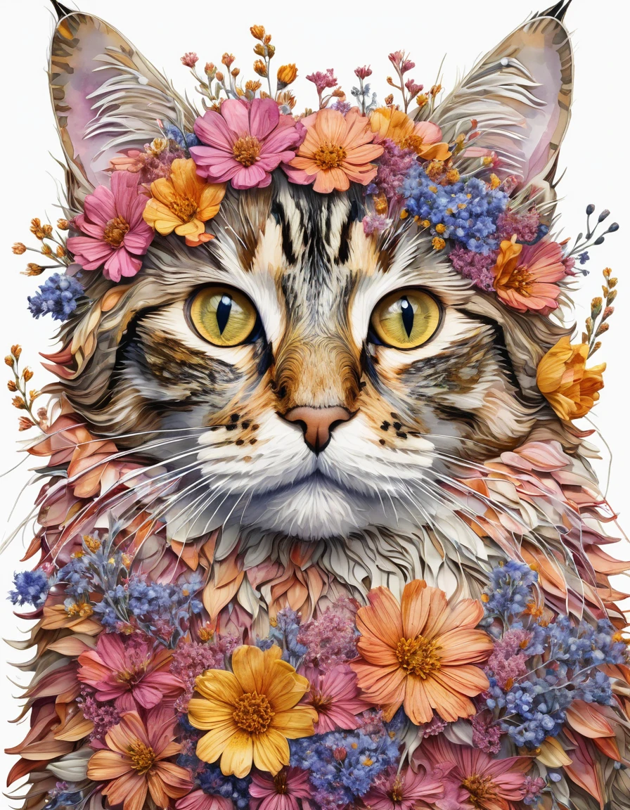 Watercolour illustration of a cat made entirely of flowers , cat made of dried flowers, cat detailed, totally covered , crafted with flowers, intricate, wrapped in flowers , highly detailed digital art, covered with flowers, over detailed art, highly detailed 4 k art, extremely higly detailed, extremely detailed digital art