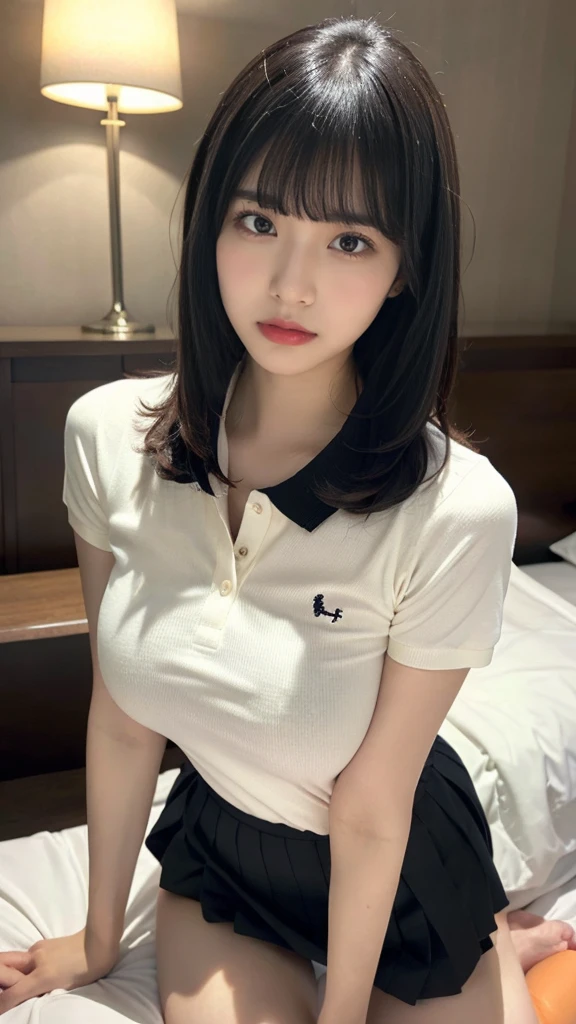 muste piece, best quality, illustration, Super detailed, fine details, High resolution, 8K,wall paper, perfect dynamic composition,(Details High quality, realistic depiction of eyes:1.3), (Polo shirt with collar), pleated skirt, big breasts, short bob hair、black hair color, Big Natural Color Lip, (crawling position, on all fours), bold sexy pose, (perfect body shape), crying a little、cold gaze, Harajuku style、20 year old girl、cute type、ta、beautiful legs, hotel room, hposing Gravure Idol, Voluptuous thighs