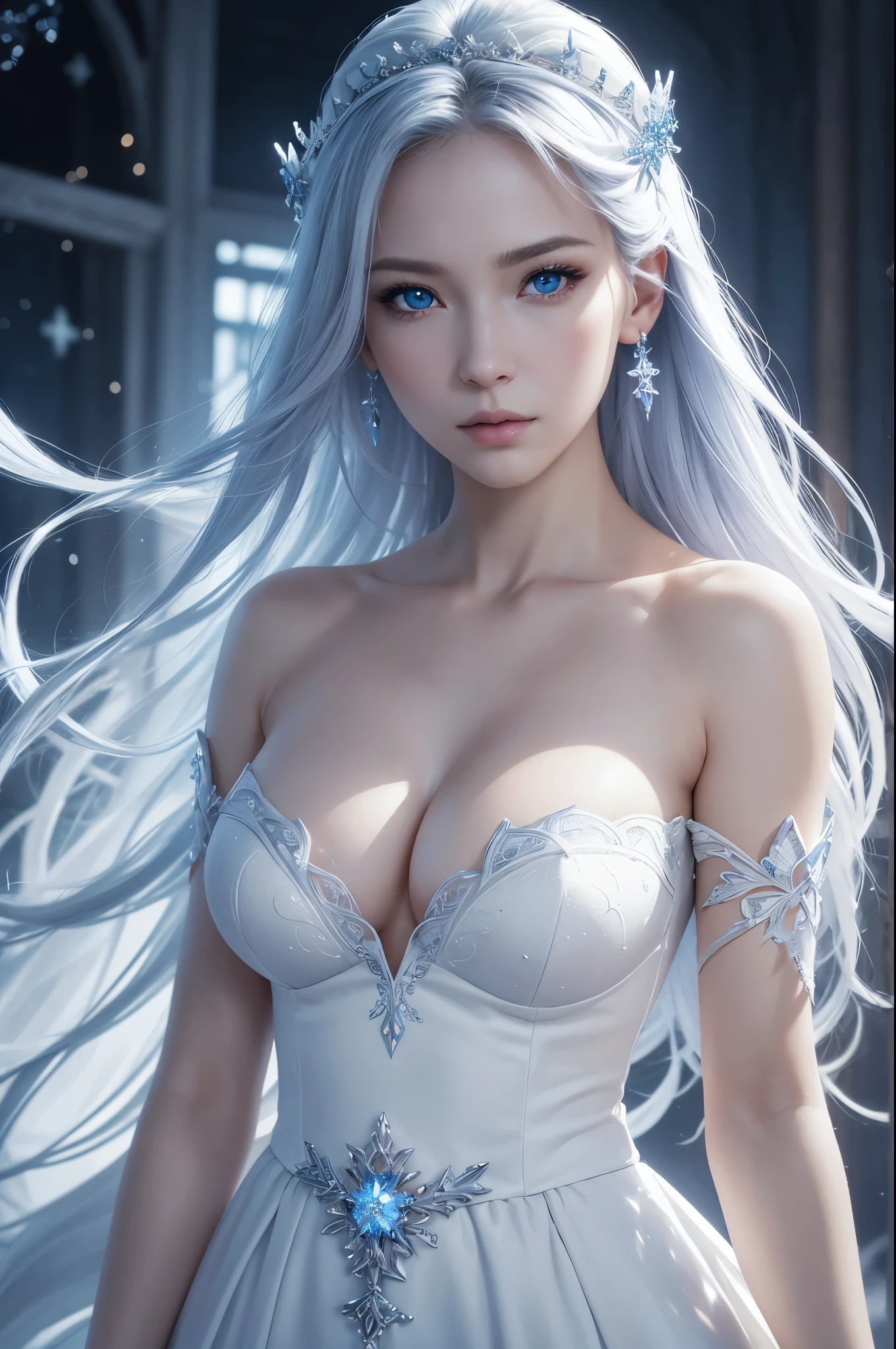 8K,Pale-skinned ice queen,Clear blue eyes,Super beautiful(like the real thing),A pure white dress with a blue snowflake emblem,sharp gaze,stern look,Mysterious Make-up,pale hair,holding a big golden stick in his hand,Sexy adult empress,perfect face,masterpiece,Intricate details,Volume measurement,perfect handsの造形,body balance,ultra high resolution,super realistic skin,Digital single-lens reflex camera, soft lighting, high quality, highly detailed face, highly detailed eyes, highly detailed skin, skin, Scattered beneath the surface,  highly detailed face, highly detailed eyes, beautiful expression, lip whole, detailed background, Depth of the bounds written, small breasts、volume lighting, sharp focus, absurd, realistic proportions, excellent anatomy, (realistic, 超realistic:1.4), 16K HDR, dawn,small breastsA high resolution,super realistic skin,super beautiful expression,fantasy art,character art,dynamic pose,perfect hands,fighting pose,Throwing a fist,