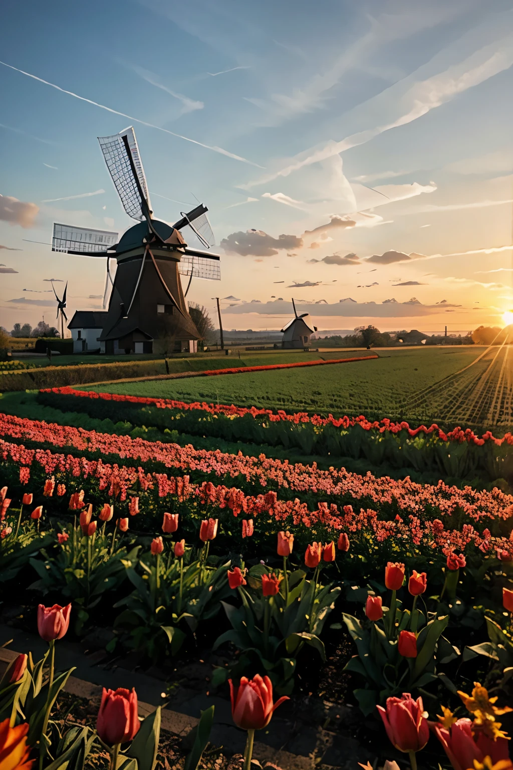 tulip field with windmill sunrise