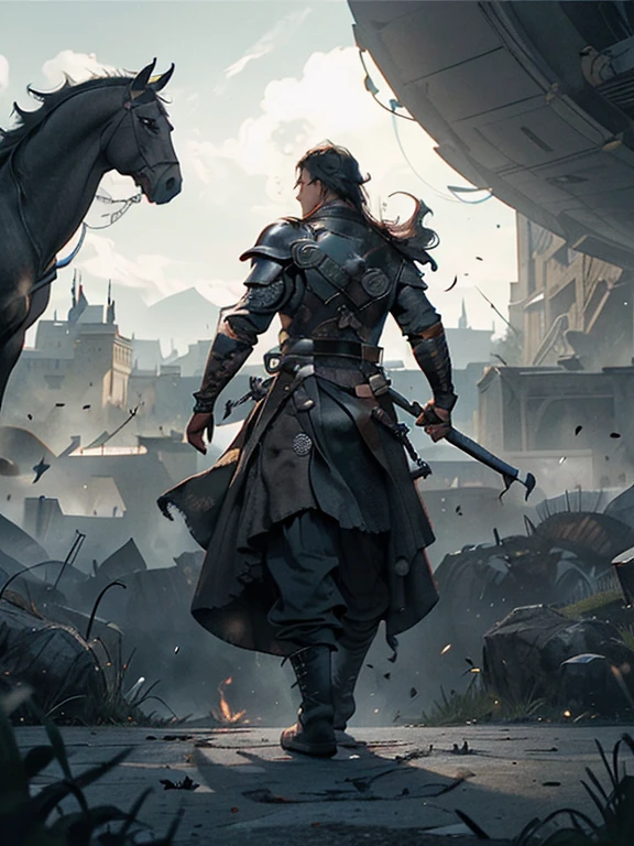 Cartoon style pictures ,(Europe),man,midnight,Overall black tone, Characters take up one fifth,Create dystopian masterpieces, Game of Thrones movie scenes, The whole character is dressed in Game of Thrones style, Rugged full body metal armor, The background is the medieval manor farmland,river,torch,horse,farmer,companion,Soldier,laboeld,farming,(helmet,Face covering,In the shadows,Faceless,健壮的man, strong, shabby),dynamic poses, ((Turn your back to the camera,look into the distance,not looking at camera)), Photos taken from a distance,