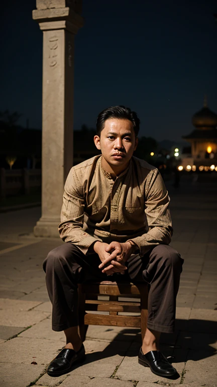A javanese gentleman wear muslim dress. Sit on a chair in front of mosque. At night. Alone. Good lighting. Real skin texture. Best resolution. RAW.