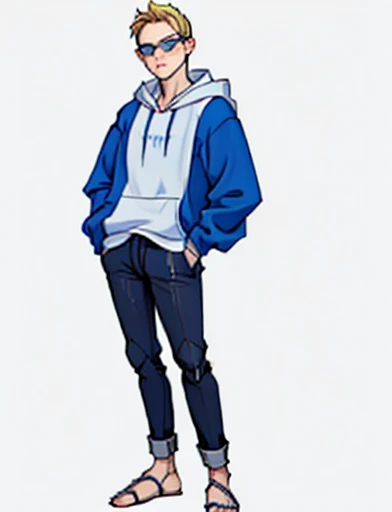 Human Male ,Villain Autism , Blonde short hair , Glasses , blue zip hoodie , white shirt , Bandage ,Full body , pants , dreamworks , Cool clothing style ,
