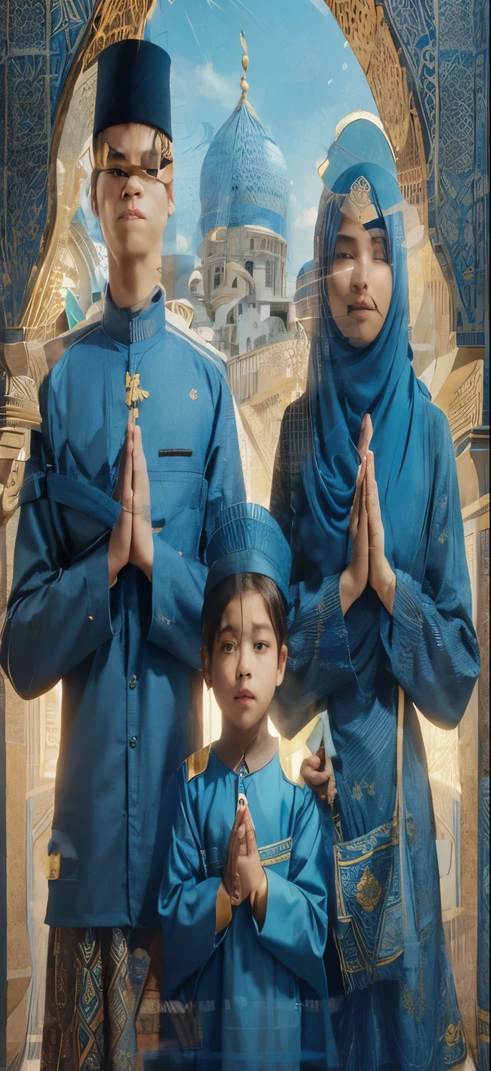 Photorealistic consisting of three persons, an Indonesian young man with skul cap, a baby boy with skul cap and a chubby face woman with long hijab, standing against a beautiful blue and gold background.
Their hands namaste and wore blue Islamic clothes.
The background has a luxurious geometric design, similar to the architecture of a mosque or palace.