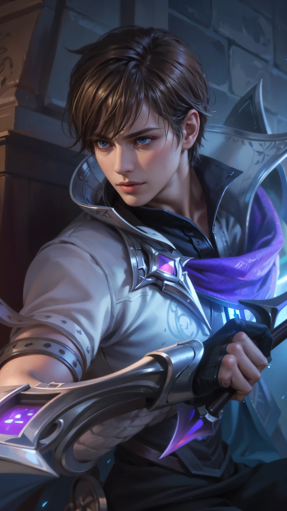 a close up of a person holding a sword in a room, masculine male, masterpiece, ((perfect eyes)) best quality, (semirealism:1.9), beautiful lighting, (extremely detailed CG unity 4k fhd wallpaper), High Detail, Sharp focus, dramatic outdoors, 1 boy ,19 years old, light purpel eyes, 8k, ultra hd, ultra detailed texture, hyper realistic, masterpiece, detailed texture, detailed face, detailed skin, detailed lighting, (photorealistic:1.5), best quality, beautiful lighting, cinematic lighting, professional lighting, ultra highres, realistic, detailed hair, real hair, high quality, (realskin:1.5), extremely detailed, finely detail, ultra-detailed, glare.