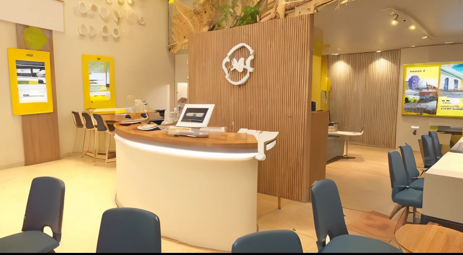 Create a travel agency similar to this, com mesas de atendimento e cadeiras laranjas, paredes laranjas