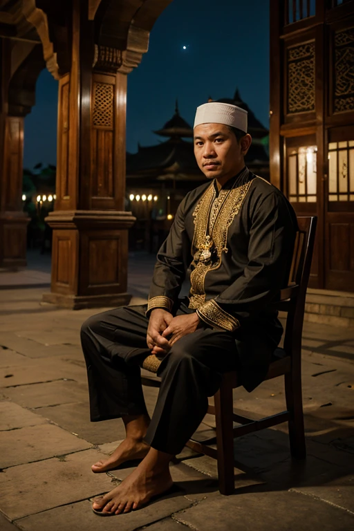 A javanese gentleman wear muslim dress. Sit on a chair in front of mosque. At night. Alone. Good lighting. Real skin texture. Best resolution. RAW.  