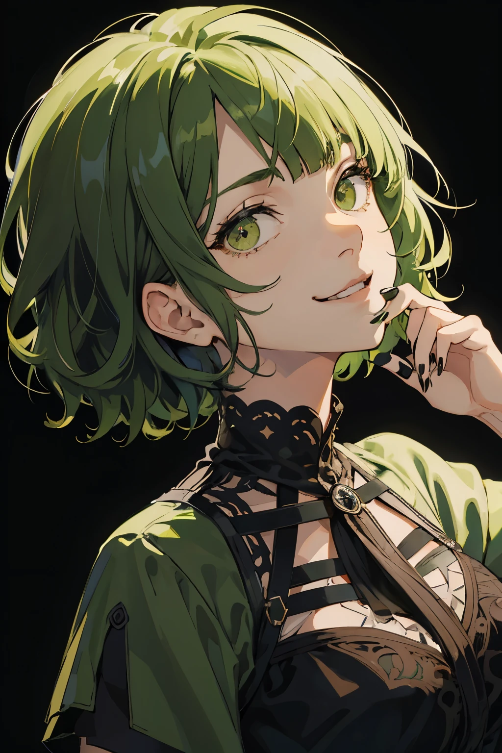 masterpiece, highest quality, 1 female, adult, beautiful, detailed eyes, intricate details, Green fluffy short hair with layers, Fluffy green bangs, brown eyes, A menacing look, A mischievous smile, shirt, evil, Hands are visible with black nails, dark background, Pose looking up at the viewer