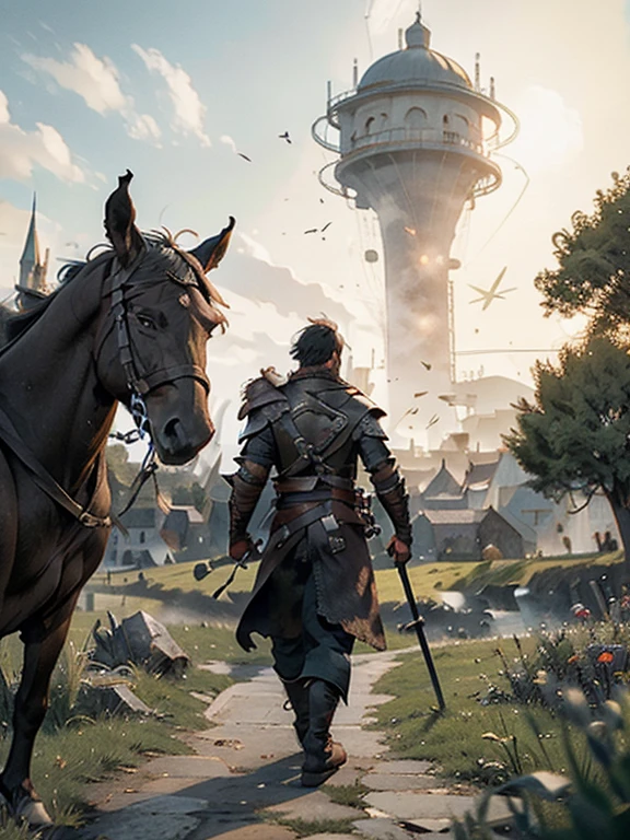 Cartoon style pictures ,(Europe),man,midnight,Overall black tone, Characters take up one fifth,Create dystopian masterpieces, Game of Thrones movie scenes, The whole character is dressed in Game of Thrones style, Rugged full body metal armor, Medieval dilapidated countryside village,farmland,river,torch,horse,farmer,companion,Soldier,laboeld,farming,(helmet,Face covering,In the shadows,Faceless,健壮的man, strong, shabby),dynamic poses, ((Turn your back to the camera,look into the distance,not looking at camera)), Photos taken from a distance,