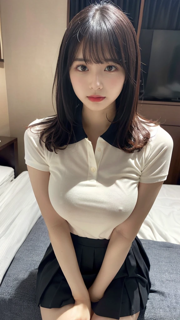 muste piece, best quality, illustration, Super detailed, fine details, High resolution, 8K,wall paper, perfect dynamic composition,(Details High quality, realistic depiction of eyes:1.3), (Polo shirt with collar), pleated skirt, big breasts, short bob hair、black hair color, Big Natural Color Lip, bold sexy pose, (perfect body shape), crying a little、cold gaze, Harajuku style、20 year old girl、cute type、ta、beautiful legs, hotel room, hposing Gravure Idol, Voluptuous thighs