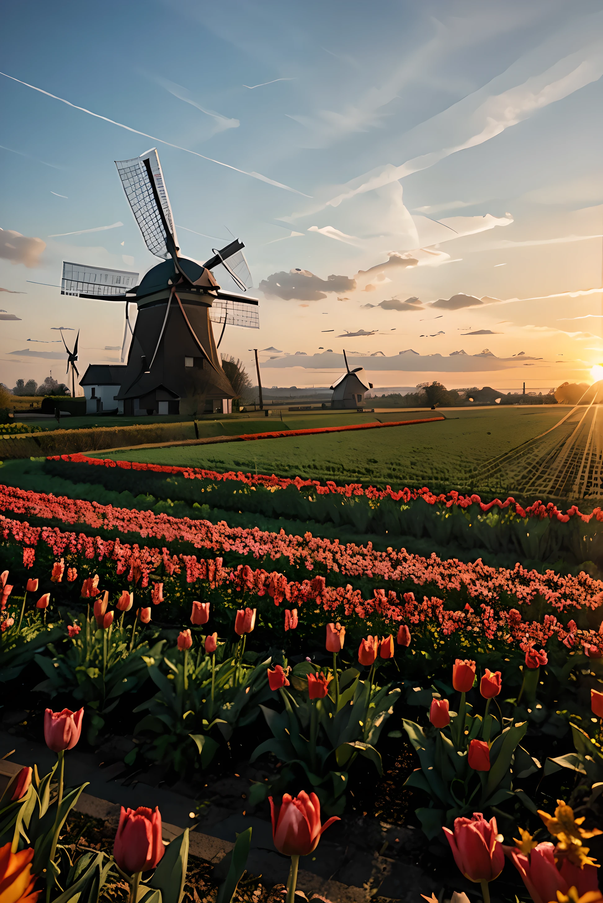 tulip field with windmill sunrise