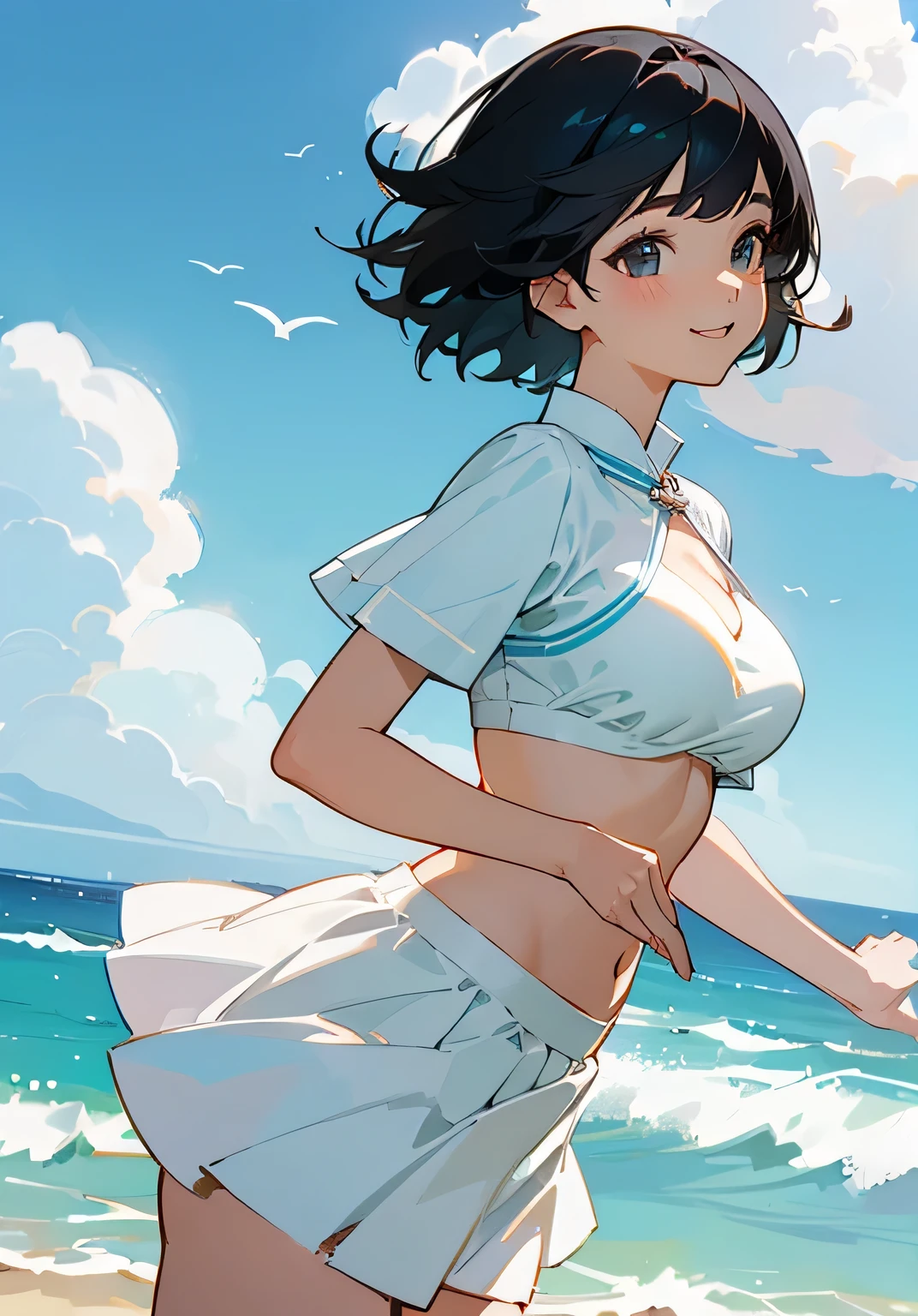(superflat, flat shading, flat colors:1.1), (ruined city), multiple girls, (closeup), 18yo , slim, small breast, smile, tired, wading in water, white t-shirt, white panties, (mini skirt:1.1), view from below, (low angle), blue sky, bright sunlight, (flood:1.2), street under water, city ruins, watercolor, (topless:1.2)