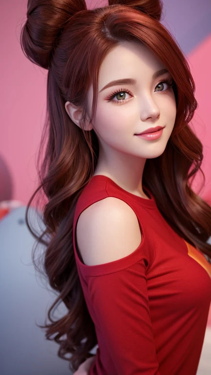 1 girl potrait, 3d character, disney character red shirt, beauty girl, 1 woman, long hair,