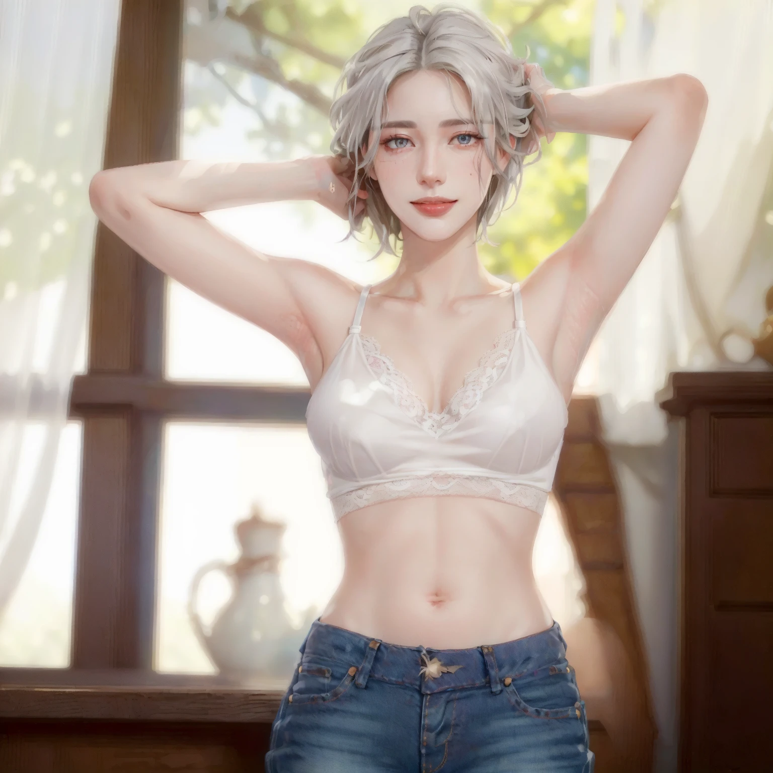 ((((masterpiece, best quality, high resolution)))), Extremely detailed 8K, Beautiful girl with voluptuous body, (Ultra HD, Ultra-detailed, Highly detailed, Highly realistic, Ultra-realistic, photograph realistic), (1girl:1.5), (Realistic white hair), short silky hair, bob cut, (dynamic poses), facing at camera, looking at viewer, (blushing red, smile), (purple eyes, sharp eyes), (perky breasts:1.2), (beautiful detailed face, beautiful detailed eyes), ((white lace bralette top, thin material, jeans shorts)), (standing up), arms up, (tying up hair:1.3), sweat, glow, (sunbeam, sunlight), ((cowboy shot)), bedroom