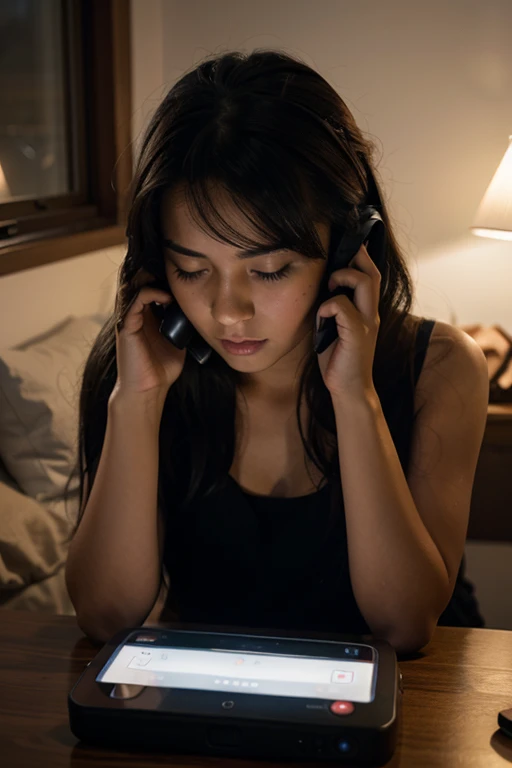 a girl typing on phone at night