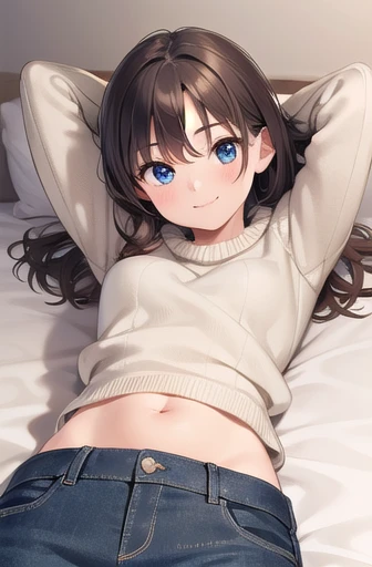 (best quality,ultra detail,photorealistic:1.37),1girl,****,smile,happy,indoors,bed,lying, lying on bed,medium hair,blue eyes,brown hair,sweater, sweater riding up,jeans,portraits,vivid colors,warm tones,soft lighting,stunning background, arms up, barefoot, full body, midriff peek, arms behind head