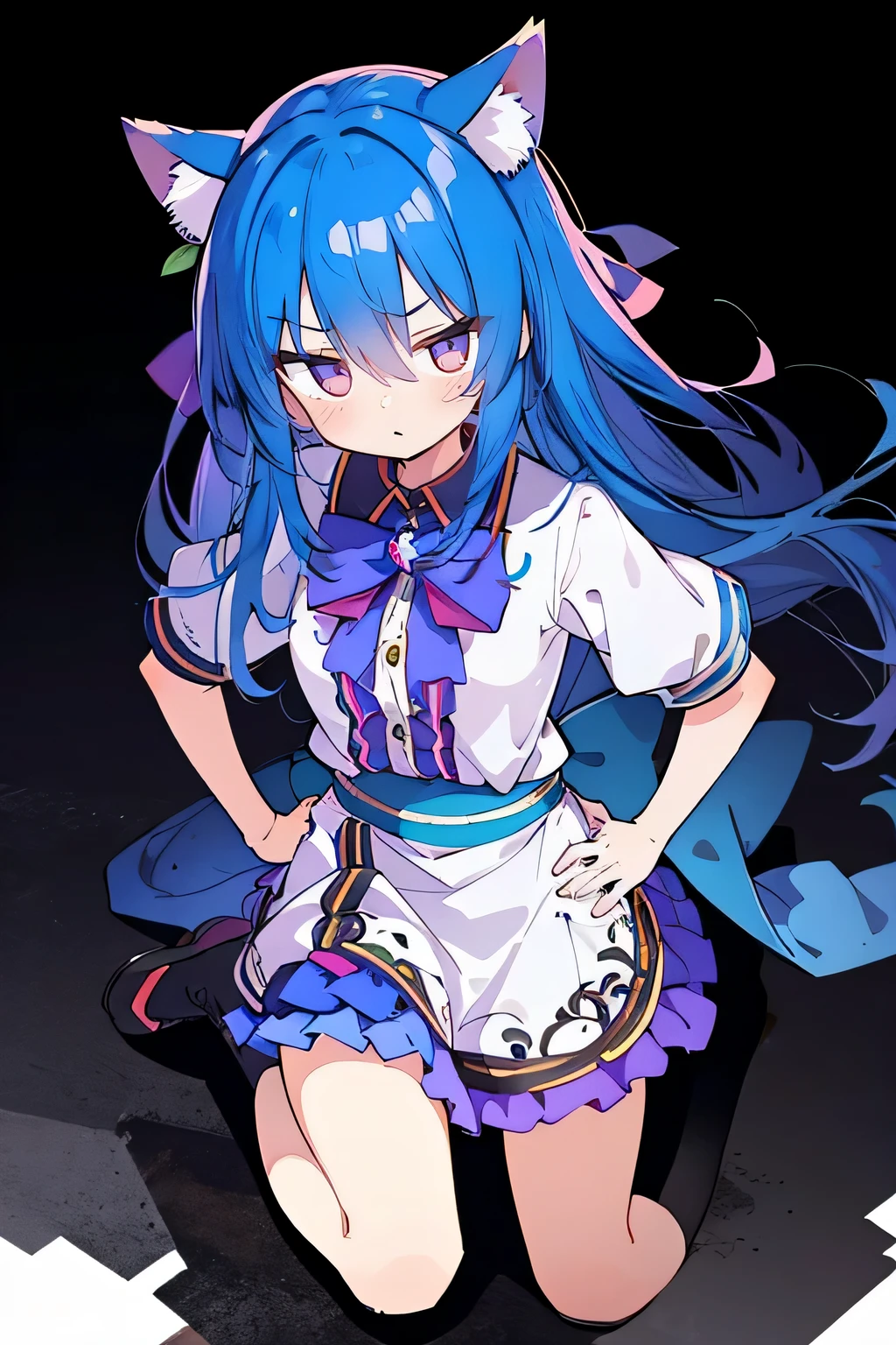 (masterpiece),best quality, expressive eyes, perfect face, 1girl,
Put your hands on your waist,fair, Gorgeous,Japanese cartoons,girl,lola,Hina Angel, blue hair, blue haired, floating clothes,Grab your waist, Grab your waist, hands on hips , hands on hips,sit, sit on ground, Legs on the ground, flat chest,cat ears,