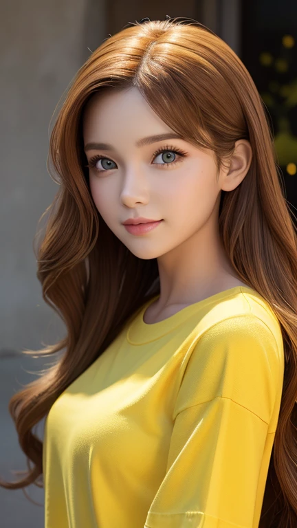 1 girl potrait, 3d character, disney character yellow shirt, beauty girl, 1 woman, long wave hair,