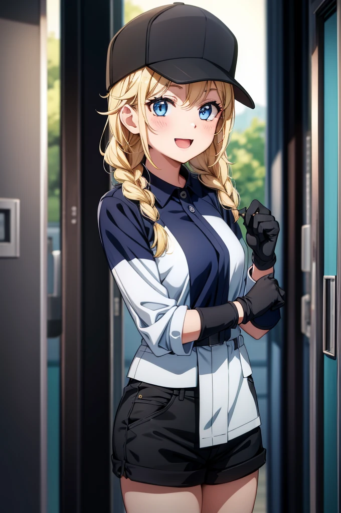 a cartoon with long black hair is standing in front of a locker, 1girl, locker, solo, hat, twin braids, blue eyes, gloves, shorts, black shorts, braid, blonde hair, long hair, open mouth, black gloves, looking at viewer, black headwear, breasts, baseball cap, smile, blush,Eiko Tsukimi, blue eyes, braid, twin braids, blonde hair, semi long hair