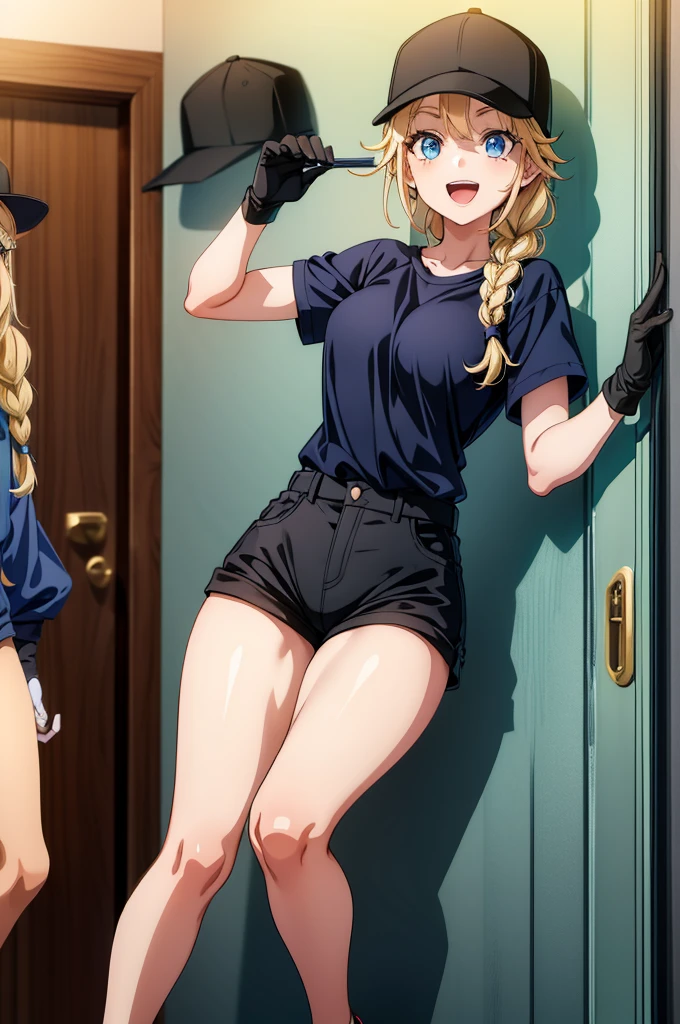 this girl playing baseball wears a cap inside of a door way of a hallway, twin braids, hat, blue eyes, braid, long hair, blue shirt, shorts, blonde hair, black shorts, gloves, open mouth, black headwear, smile, breasts, shirt, multiple girls, black gloves, baseball cap, 2girls, short shorts, v