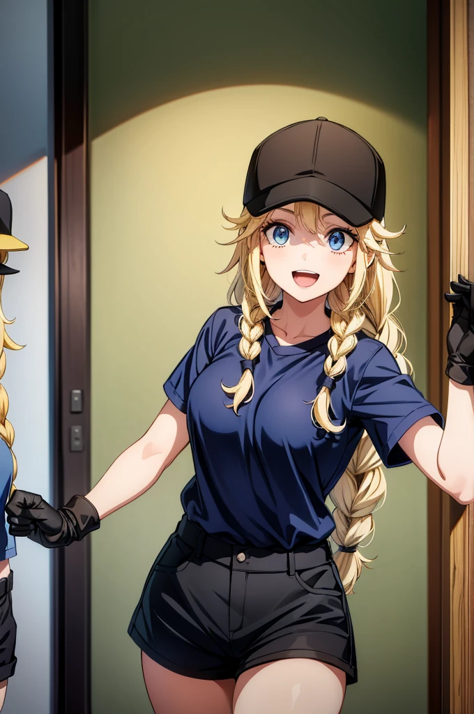 this girl playing baseball wears a cap inside of a door way of a hallway, twin braids, hat, blue eyes, braid, long hair, blue shirt, shorts, blonde hair, black shorts, gloves, open mouth, black headwear, smile, breasts, shirt, multiple girls, black gloves, baseball cap, 2girls, short shorts, v