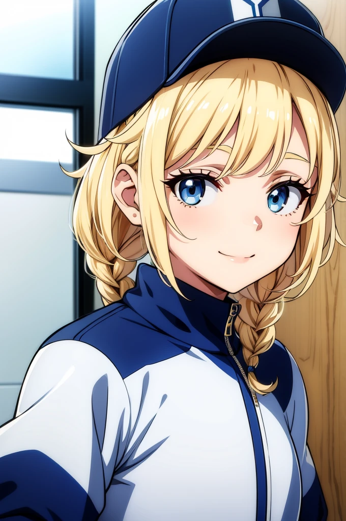 blonde  hair, short hair, stylish hair, smile, blue eyes, sci-fi, white open jacket, abstract design,,baseball cap,Eiko Tsukimi, blue eyes, braid, twin braid,blonde hair,baseball cap