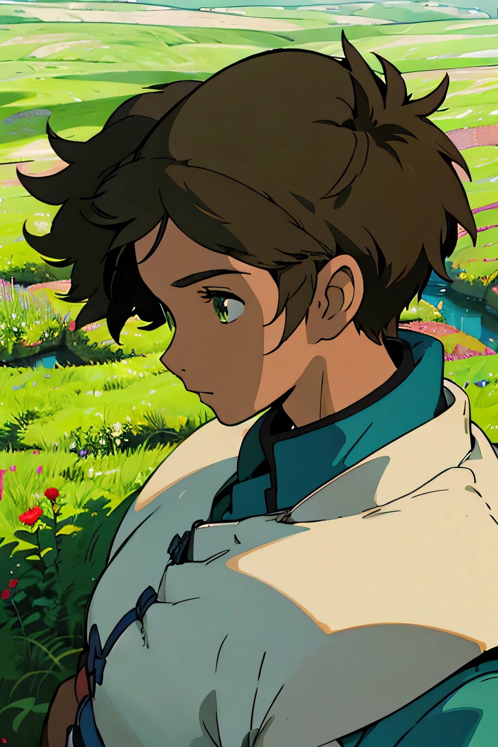 male, knight, beret, brown skin, aqua green eyes, brown hair, , close up face shot, fields background, side view
