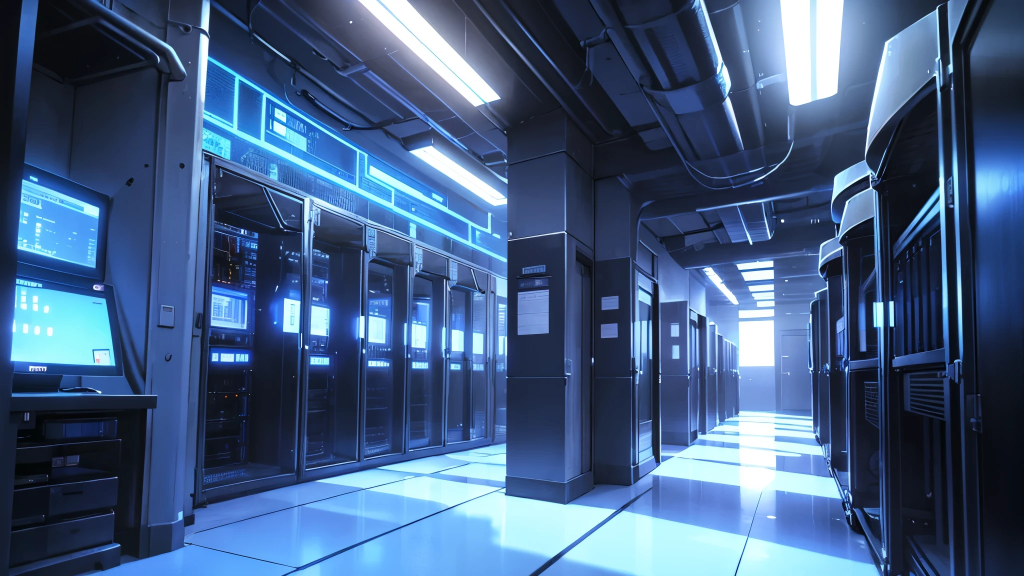 a dimly lit hallway with rows of data and computer screens, background is data server room, hacking into the mainframe, cyber space, in realistic data center, 3840x2160, 3840 x 2160, spaceship hallway background, cyber architecture, surreal cyberspace, in detailed data center,darb blue light blue neon server tech