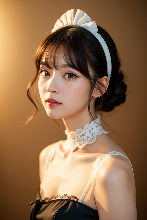 ((best quality)), ((masterpiece)), (detailed), perfect face, high quality、8k、32k、masterpiece、UHD:1.2),a woman wearing a black and white dress and a white headband, a photorealistic painting by Nagasawa Rosetsu, trending on cg society, rococo, white background, anime, pretty,a woman in a maid outfit posing for a picture, naver fanpop, inspired by Wang Wu, sexy gaze, portrait