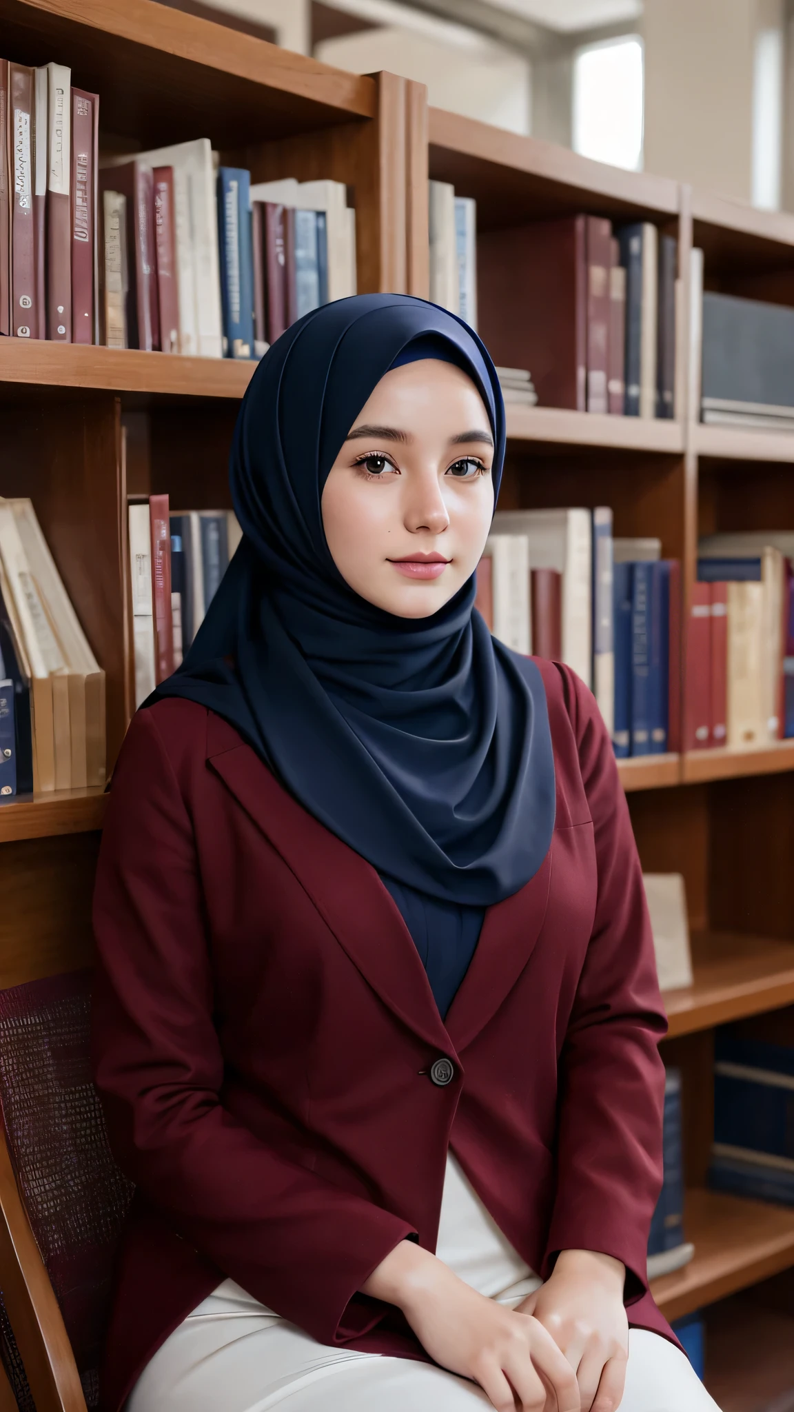 A  young woman with white skin, sitting in the library, wearing a burgundy hijab, a dark blue headscarf,