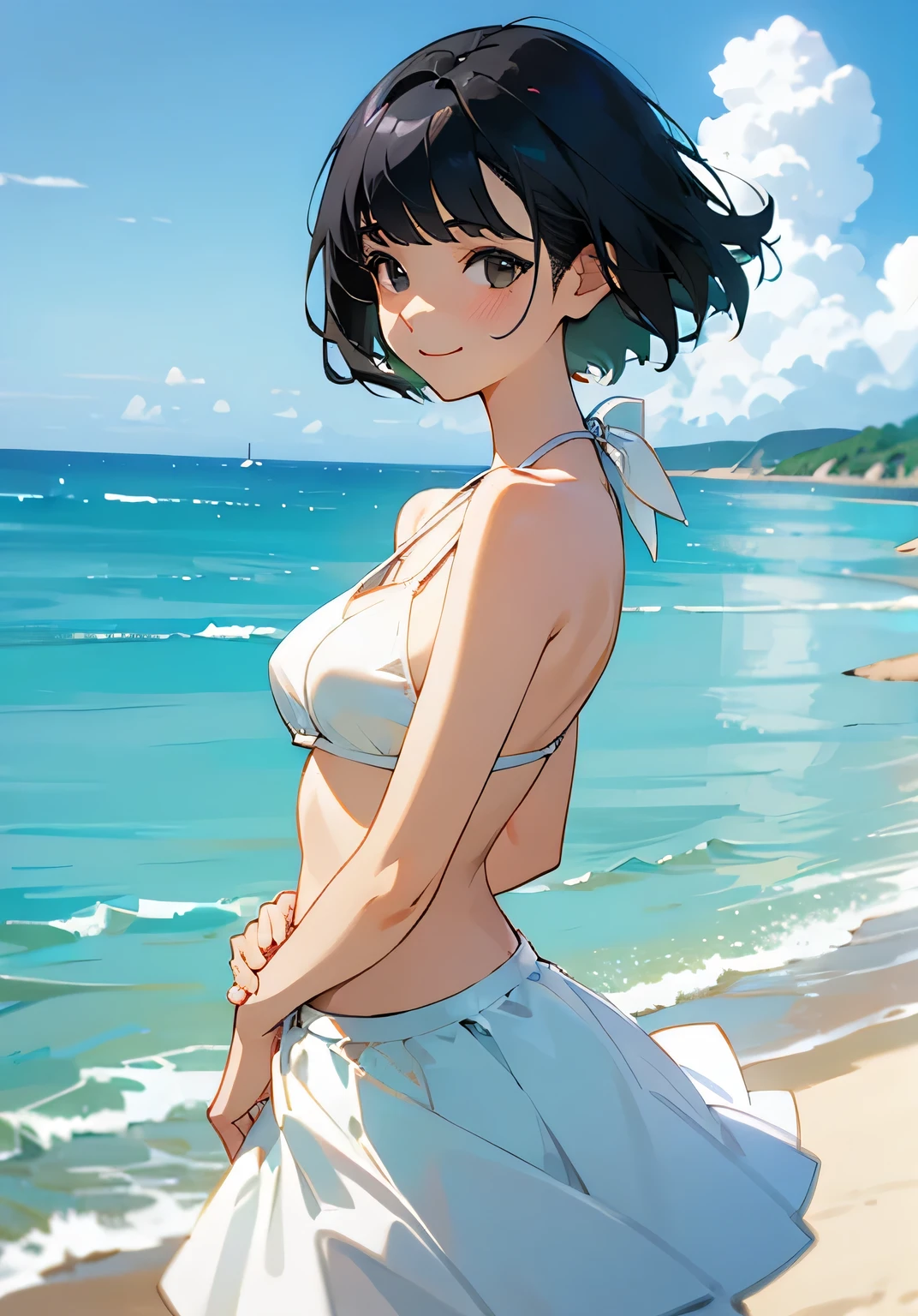 {best quality},Ocean、black hair short cut、woman、beautiful breasts、white-Skirt-style-bikini、radiant smile、Low angle 、cowboy shot