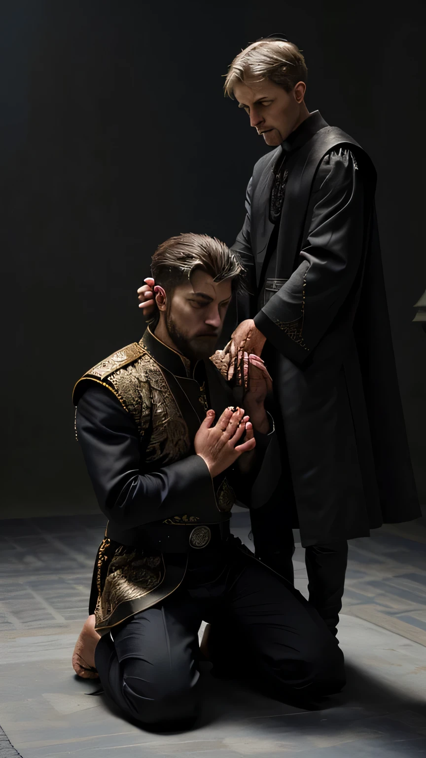 Shaddam kneels before Paul, his head bowed in a gesture of submission and respect. Paul, with a regal air, extends a hand in acknowledgment of Shaddam's surrender, solidifying his newfound authority.Visual: Shaddam humbly kneels before Paul, his expression a mix of resignation and acceptance as he acknowledges Paul's ascendancy. Paul, with a calm yet authoritative demeanor, extends a hand towards Shaddam in a symbolic gesture of reconciliation.