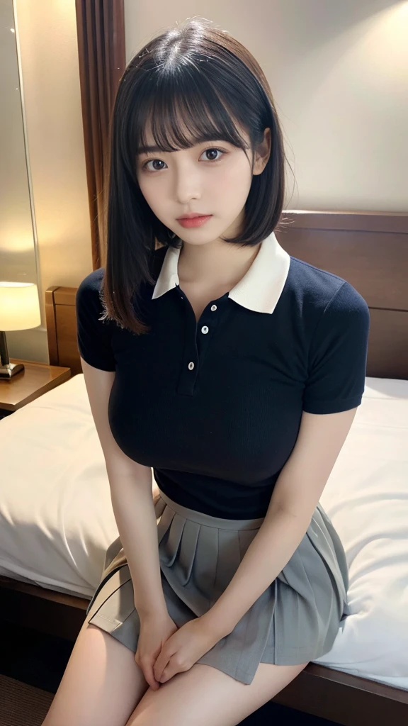 muste piece, best quality, illustration, Super detailed, fine details, High resolution, 8K,wall paper, perfect dynamic composition,(Details High quality, realistic depiction of eyes:1.3), (Polo shirt with collar), pleated skirt, big breasts, short bob hair、black hair color, Big Natural Color Lip, bold sexy pose, (perfect body shape), crying a little、cold gaze, Harajuku style、20 year old girl、cute type、lolita、beautiful legs, hotel room, hposing Gravure Idol, Voluptuous thighs