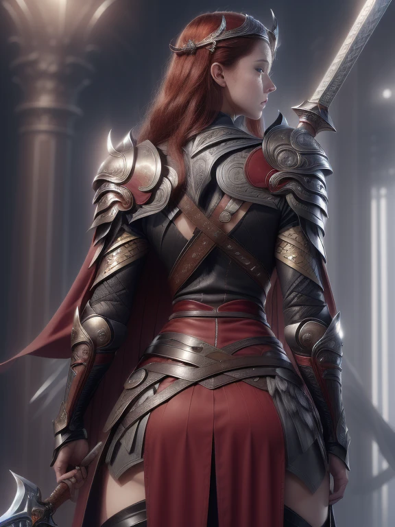 Character design, 1 girl,, slim body, medium chest, skinny waist, ((long deep red hair)). blue eyes. (((ice blue fantasy a female viking warrior in a full leather armor with skirt))), (((big pauldrons, intricate details))), (((fur cape))), (((advanced weapon fantasy plasma sword in right hand))), (standing), ((back body view)), in a walled city, masterpiece, HD high quality, 8K ultra high definition, ultra definition,