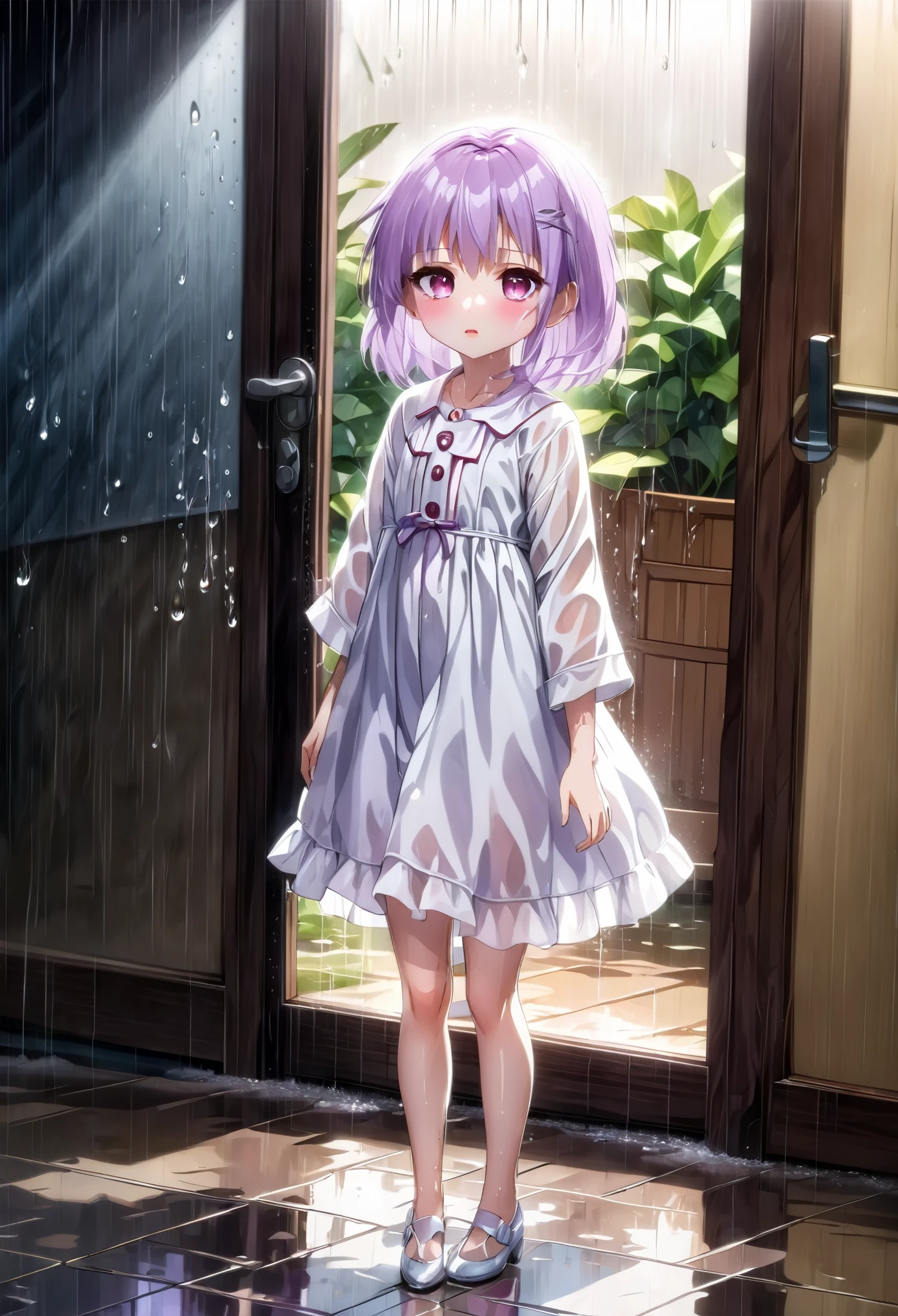 ((best quality)), ((masterpiece)), beautiful girl,perfect face、Living doll,Exquisite facial features,Petite and delicate body,Three feet tall,Soaked in the rain,stand at the door,white dress,The wet clothes clung to the body, revealing a large area of flesh-colored,lilac hair,Amethyst eyes,Serious expression,Crimson cheeks,anime style,high angle,dark light,rim light