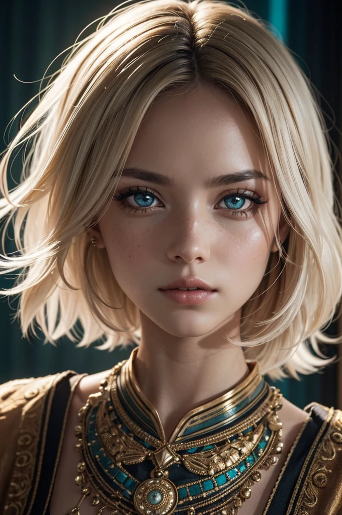 (Cinematic, emotional:1.3), Silhouette of a female against a turquoise backdrop, glowing particles around her, voluminous white hair highlighted, calm expression profiled, (small breasts, orange accents), freckled skin, the photograph captured in stunning 8k resolution and raw format to preserve the highest quality of details, (her eyes are portrayed with meticulous attention to detail: 1.3), The photograph is taken with a lens that emphasizes the depth in her eyes, the backdrop is a dark room setting that enhances the colours of the scene. The lighting and shadows are expertly crafted to bring out the richness of her skin tone and the intense atmosphere. Her hair adds contrast against her skin, the overall composition captures her essence with authenticity and grace, creating a portrait that celebrates her heritage and beauty. Photography utilizing the best techniques for shadow and lighting, to create a mesmerizing portrayal that transcends the visual,