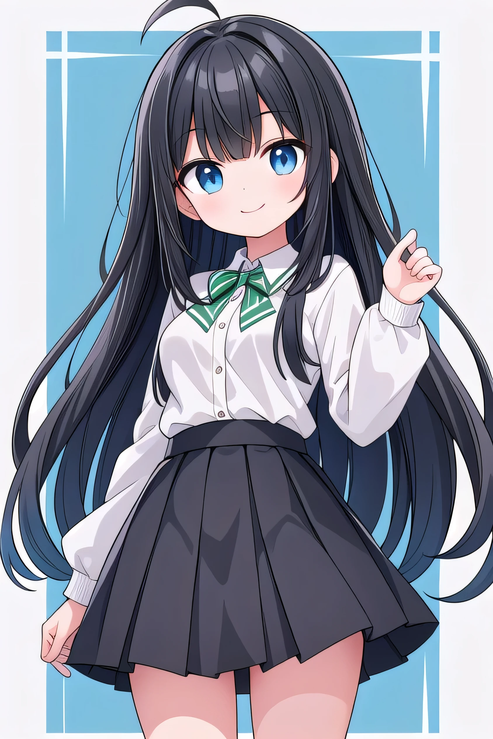 Junior high school student who looks like an elementary school student, 14 years old, very short, 140cm tall, black hair with a slight green tinge, short ahoge, beautiful long hair but with a little hair sticking out, beautiful round eyes, blue eyes, smile, boyish, long sleeves , thick clothes, skirt, big breasts, hair longer than waist, long hair, young face, dark greenish black hair, gentle smile, a little shy, skirt is black, hair is black but has a slight green tinge, boyish and gentle smile I have.