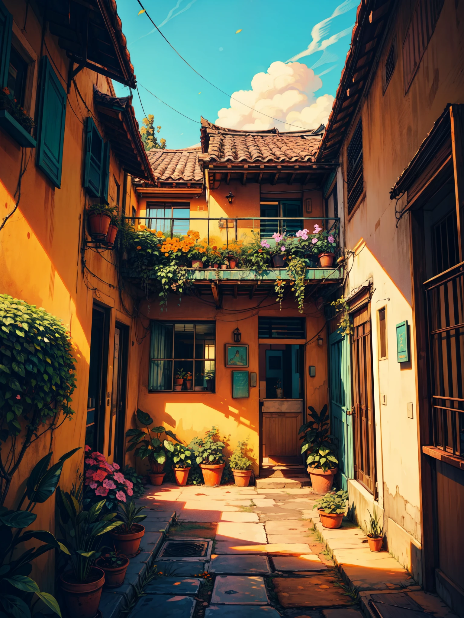wide view, a beautiful dining in verandah, surrounded by orange walls, bougainvillea flowers, big banana trees, day light, white pop decorations, orange and green earthy tones, evening, blue cloudy sky, aesthetics, vibrant tones, scenery, beautiful ambience, 8k, bright volumetric light, peaceful scene, light shining on part of foliage, micro landscape, intrinsic details